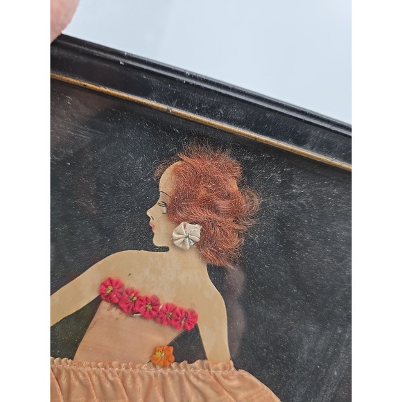 Art Deco Vintage Dimensional Ribbon Art Doll Picture in Layered Gown & Lace Hair - Picture 3 of 10